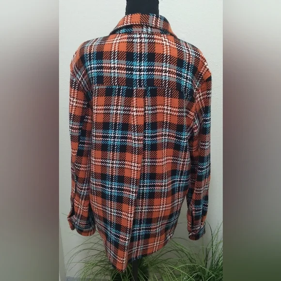 ZARA Men's Orange/Black Plaid Print Knit Long Sleeve Button Down Flannel-Size M - Picture 11 of 11